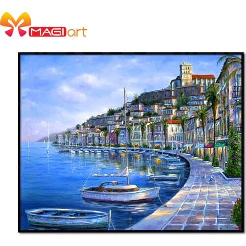 Cross stitch kits Embroidery needlework sets 11CT water soluble canvas patterns 14CT Landscape painting Seaside city-NCMS033