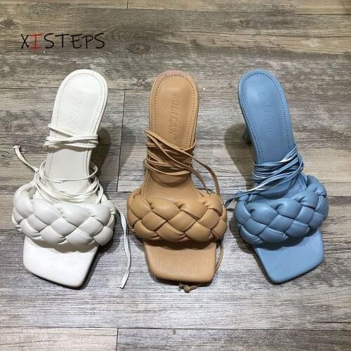 Brand Design Woven Sandals Women 9CM High Thin Heel Sandalias Square Toe Summer Beach Sandals Femme 2021 Women Shoes White Blue