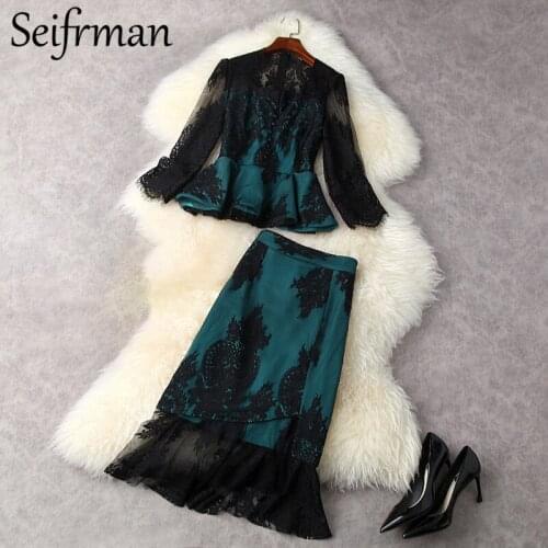 Seifrmann New 2021 Summer Women Fashion Runway Skirt Set Long Sleeve Ruffles Lace Tops + High Waist Bodycon Mesh Mermaid Skirts