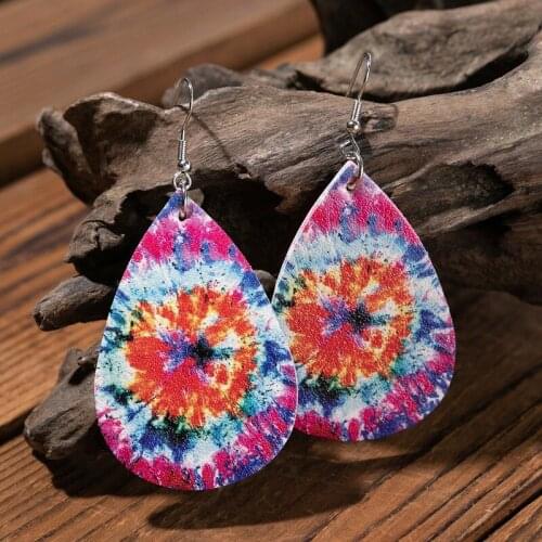 2021 Double-sided Printed Leather Earrings for Women Rainbow Colors Swirl Tie-dye Leather Earrings Female Jewelry Wholesale