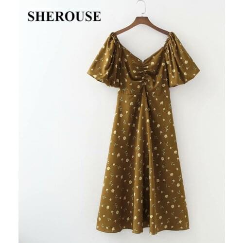 2021 Vintage Women Floral Printed Dress V-Neck Short Lantern Sleeves Back Zip Casual Woman Midi Boho Dresses Robe