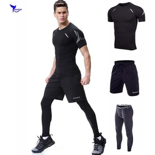 Long Sleeve Shirt+Shorts+Tights 3PCS Sport Suit Men Dry Fit Compression Tracksuit Fitness Running Set Gym Sportswear Clothing