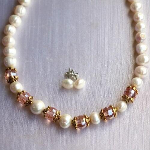 Bohemis style 8-9mm white natural cultured freshwater pearl beads necklace earrings high grade women jewelry set 18inch B3023