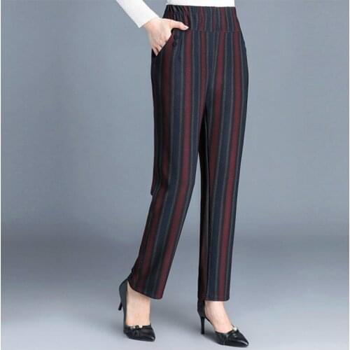 Chic Pants Middle Aged Women 2020 Summer High Waist Stripe Simple Casual Pencil Trousers Womens Plus Size 6XL Pantalones F156