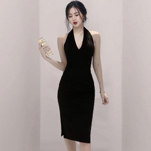 Black Halter Dress Fashion Elegant Hepburn Style Deep V neck Side Split Summer Dresses New Slim Sleeveless Package Hip Dress