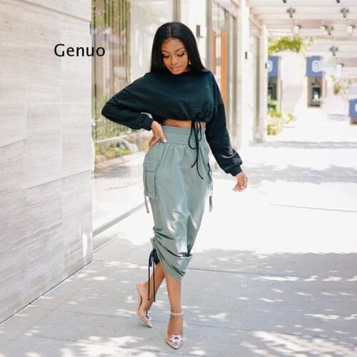 Long Skirt Woman Big Pocket Elastic Waist Drawstring Tie up Solid Color Ruched Cargo Skirt Ladies Casual Chic Streetwear