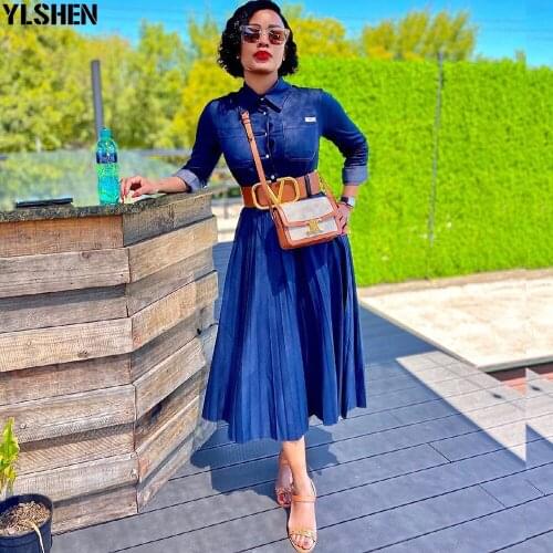 Denim Long African Dresses for Women Casual Vestidos Dashiki Party Long Sleeve Pleated Dress African Clothes Vetement Femme 2021