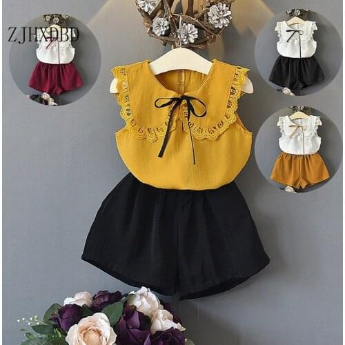 Yellow Bow Tie Solid Childrens Clothing Sets 2 Year Old Girl Summer Clothes 2020 New Vest Suit Petal Collar Sleeveless Kids