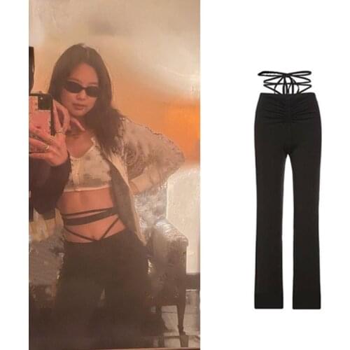 Kpop IU Seo Yea Ji Summer Sexy Women High Waist Elastic Fitness Sport Leggings Slim Running Tights Sportswear Lace-Up Trousers