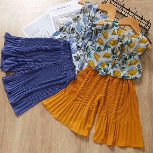 Summer new childrens suit 3-7 years old children thin section chiffon bow sleeveless shirt + wide leg pants girl two-piece suit