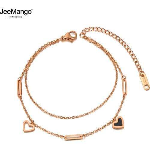 JeeMango Trendy Bohemia Stainless Steel Double Layer Heart Charm Bracelets For Women CZ Crystal Chain Link Jewelry JB20109
