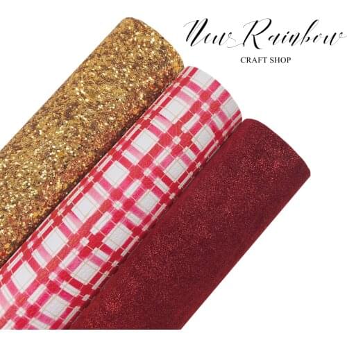 New Rainbow 30x22cm/A4 3PCS/LOT Red & Golden Sparkle Suede Fabric, Chunky Glitter Faux Leather For Making Bows, Earrings, DIY