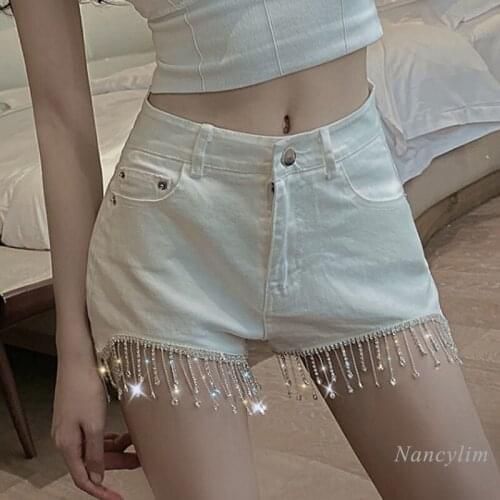 2021 Summer New Denim Hot Pants Korean Style Slimming Nightclub Rhinestone Tassel Jeans Shorts White Black Blue Nanclim
