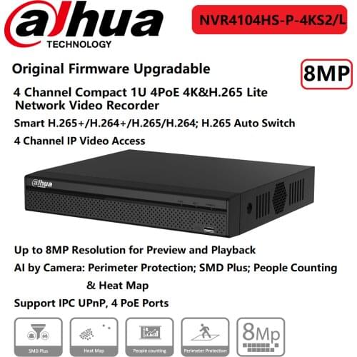 Original Dahua NVR NVR4104HS-P-4KS2/L 4Channel Compact 1U 1HDD 4PoE Lite 4K H.265 AI by Camera Support IPC UPnP