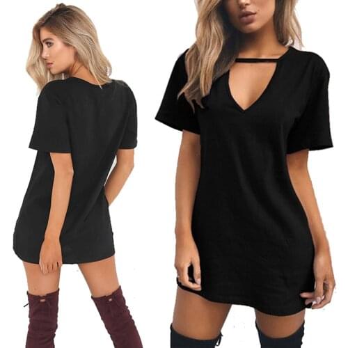 Womens Mini Dress Hollow Out T Shirts Summer Long T-Shirt Casual Short Sleeve Pullover Dress Choker Deep V-Neck Tops Large Size