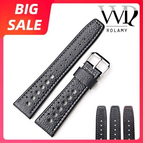 Rolamy 20 22mm Wholesale New Black Real Leather Replacement Wrist Watch Band Strap Belt With Silver Black Clasp For Tag Heuer