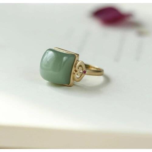 Silver inlaid natural Hetian jasper square opening adjustable ring Chinese retro palace style charm womens brand jewelry