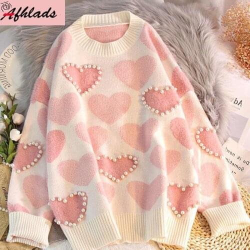 Sweater Womens Autumn And Winter Casual Korean Loose Pullover Pink Beading Jacquard Women Bottoming Knitted Thick Sweater