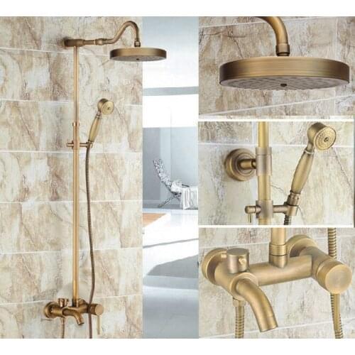 Vintage Retro Antique Brass Single Handle Lever Bathroom 8 Inch Round Rain Shower Faucet Set Tub Mixer Tap Hand Shower mrs227