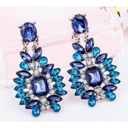 FirstStar Female Navy Rhinestone Dangle Earrings Korean Fashion Luxury Crystal Blue Earrings Women Prom Ear Jewelry