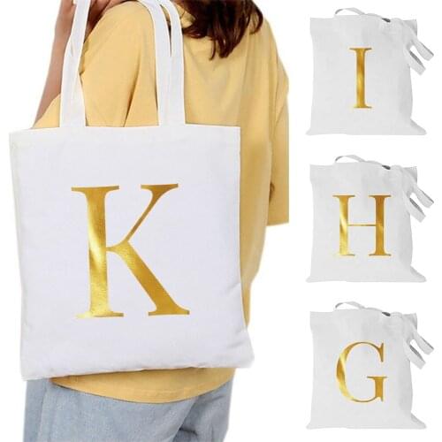 Bags Large Capacity Ladies Handbags Cloth Canvas Tote Bag Gold Letters Pattern Shopping Travel Women Eco Reusable Shoulder Bags