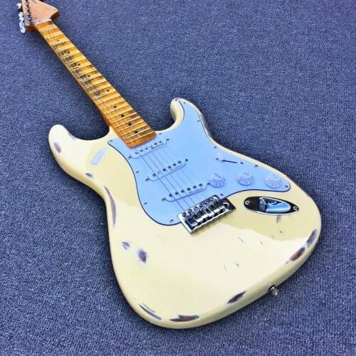 Top quality FPST-1016 cream white color solid body white pickguard big head scalloped fretboard electric guitar, Free shipping