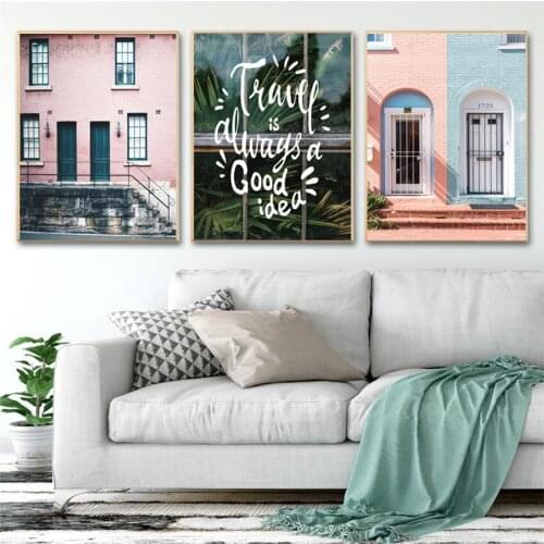 SVITY Nordic Canvas Painting Pink House Landscape Poster Print decoration for Living Room Home Decor FA712