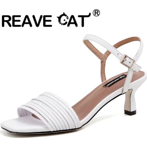 REAVE CAT 2021 Genuine Leather Narrow Band Sandals Open Toe Ankle Buckle Strap 5cm Slingbacks Spool Heel US12 White Black A4232