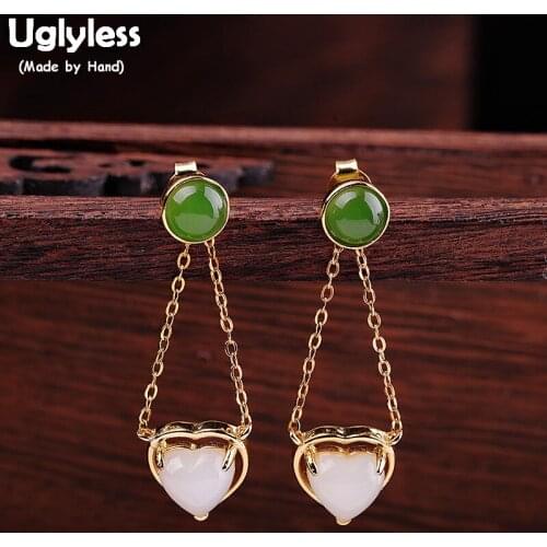 Uglyless Sweet LOVE Heart Earrings for Women Nature Jade Jasper Chains Dangle Earrings Gold Real 925 Silver Brincos Bijoux E1919
