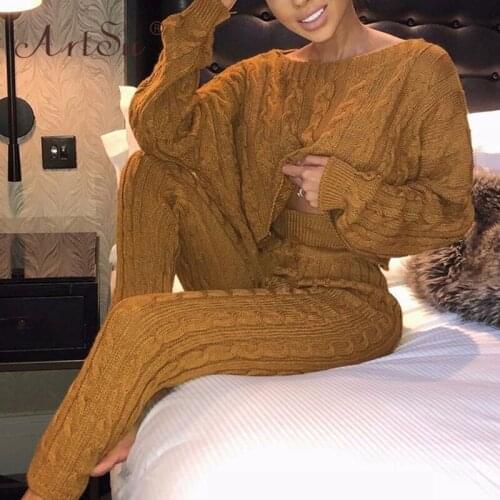 ArtSu Ladies Knitted Sweaters And Long Pants 2 Pieces Sets Women Fashion Solid Outfits 2020 Winter Streetwear Joggers Tracksuit