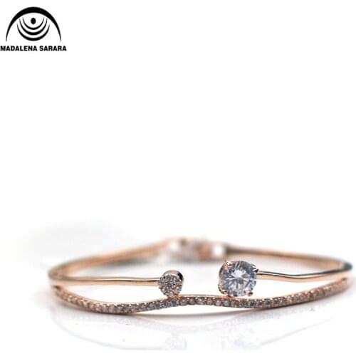 MADALENA SARARA AAAA Cubic Zirconia Pave Setting Girls Bangle Semi-Open Korean Design Personality Two Colors Options