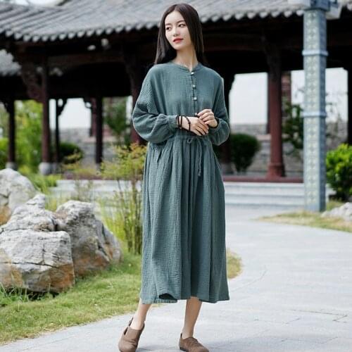 Johnature Autumn O-neck Pockets Button Solid Color Cotton Linen Dresses 2021 New Loose Fashion Comfortable Women Dress