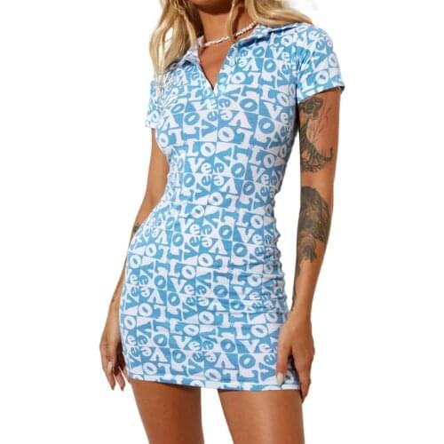 Womens Sexy Bodycon Mini Dress Short Sleeve Love Letter Print Lapel V Neck Dress