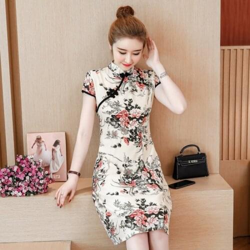 2020 Big Plus Size M-4XL Vintage Chinese Slim Dress Qipao Casual Party Women A-line Dress Short Sleeve Summer Cheongsam Dresses