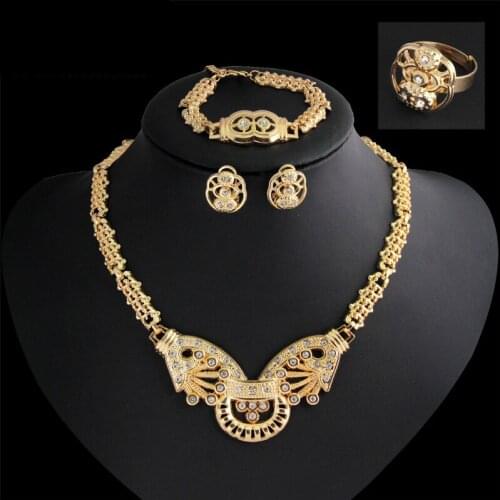 2018 New Women Fashion Jewelry Sets Gold rhinestone Necklaces Earrings Bracelet adjustable ring female wedding Gift