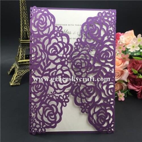 50pcs free shipping rose flowers design paper Laser cut wedding invitation cards with inner sheet for wedding party decoration