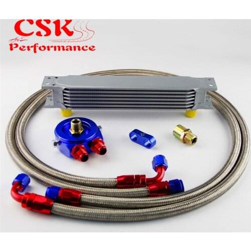 AN8 7 Row 248mm Universal Engine Transmission Oil Cooler British Type + Aluminum Filter Hose End Kit Black/Blue