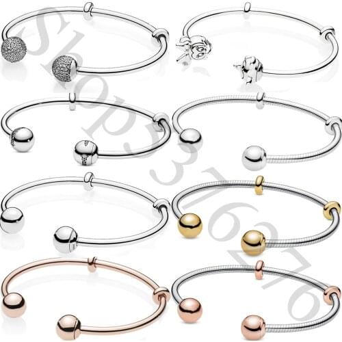 925 Sterling Silver Moments Signature Logo Star Pave Fashion Open Bangle Fit Pandora Women Bead Charm Bracelet Gift DIY Jewelry