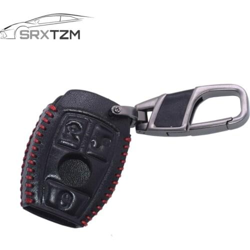 SRXTZM 1pc Red Line 3 Buttons Car Leather Remote Key Case Cover Keychain Key Protective Shell For Mercedes Benz Auto Accessories