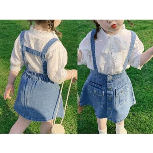 FOCUSNORM 2-10Y Summer Kids Girls Princess Clothes Sets 2pcs Lace Solid Short Sleeve Bow Tops Blue Denim Overall Skirts