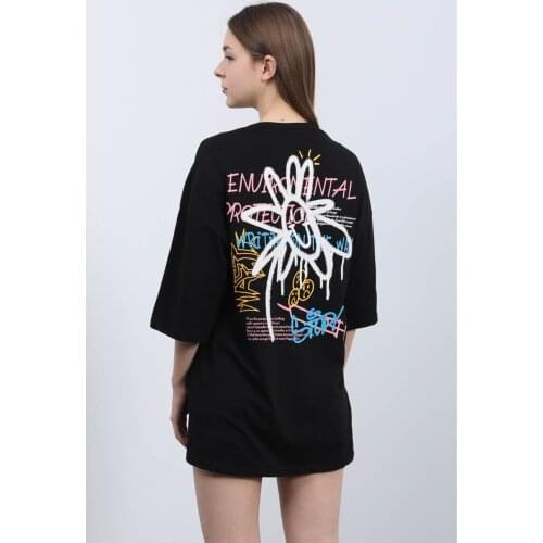 Front/Back Stop & Floral Printed Black T-shirt 100% Cotton hot sale new fashion t-shirt T-shirt mens T-shirt simple color cool