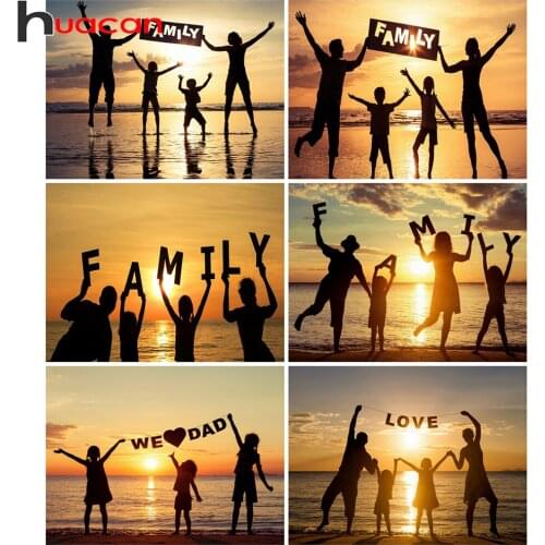 Huacan 5D Diamond Painting Mosaic Sunset Seaside Diamond Embroidery Family Landscape Picture Of Rhinestones Home Decor