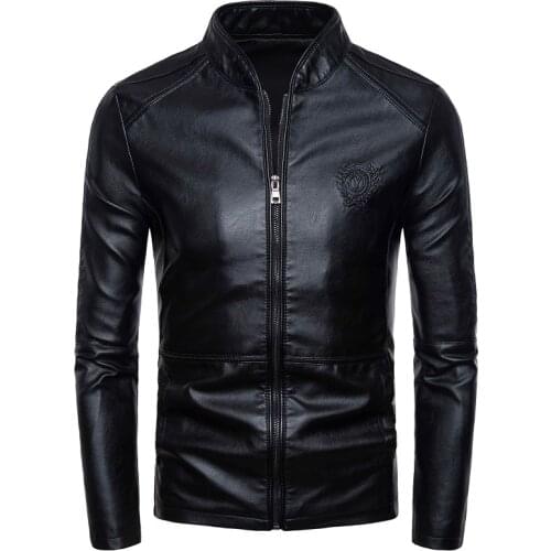 Winter Casual Solid Color Motor Leather Jacket Coat Men Autumn Fashion Slim Stand Collar Biker Vintage Leather Jacket Coat Men