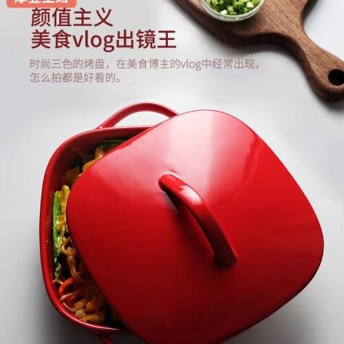 Double Ears with Lid Ceramic Ovenware Baking at Home Cheese Baked Rice Square Plate for Dish Oven