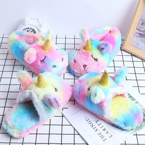 Cute Rainbow Unicorn Plush Indoor Warm Winter Adult Stuffed Cartoon Kawaii Shoes Birthday Present for Girls Valentine Gifts