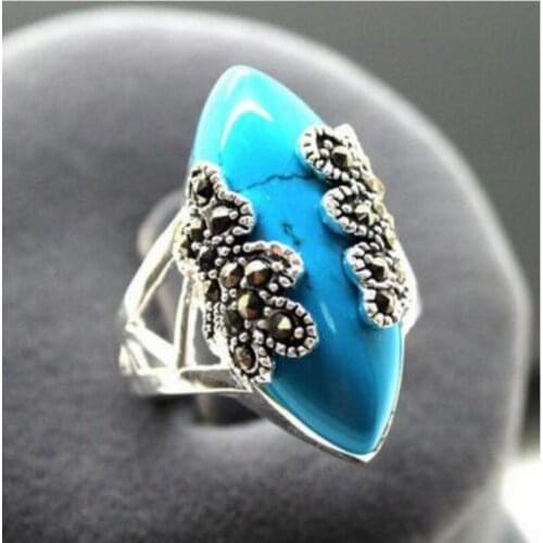 Fashion jewelry wholesale Rare Vintage Style Blue Natural jade & Marcasite 925 Silver Ring Size 7.8.9.10