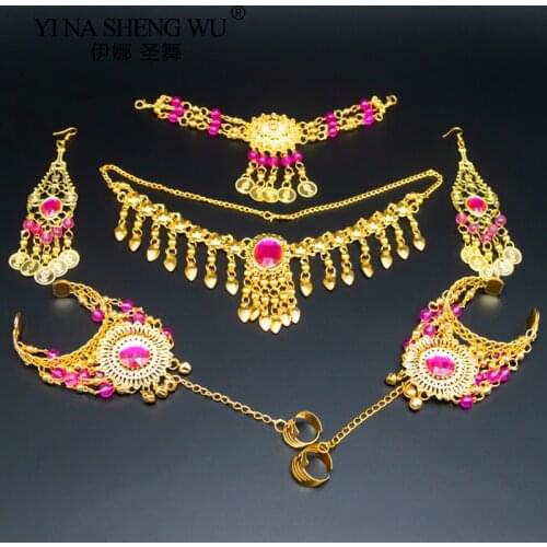 Indian Belly Dancing Accessories Set Women Belly Dance Rhinestone Necklace Earrings Jewelry Set Belly Dance Accessory 6Pcs Set