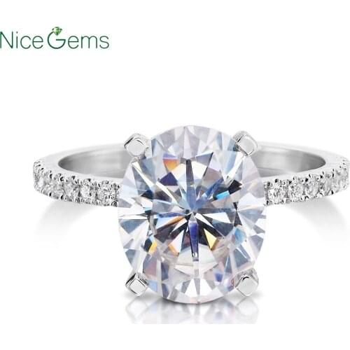 NiceGems 14K White Gold 4.2ct 11x9mm OVal cut FG Color Moissanite Engagement Ring Hidden Halo with 3/4 Eternity Band for woman