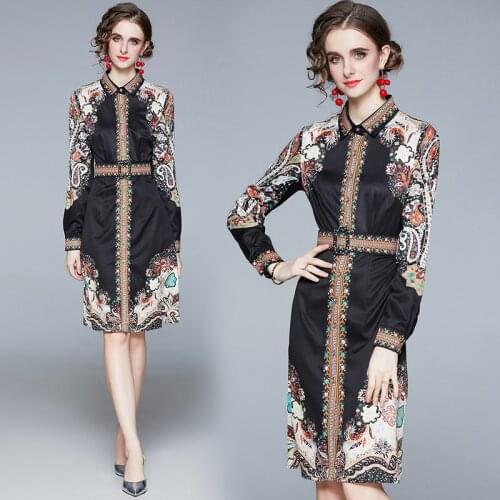 New European American French Retro 2021 New Spring Autumn Black Floral Print Minority Designer Brand Runway England Style Dress