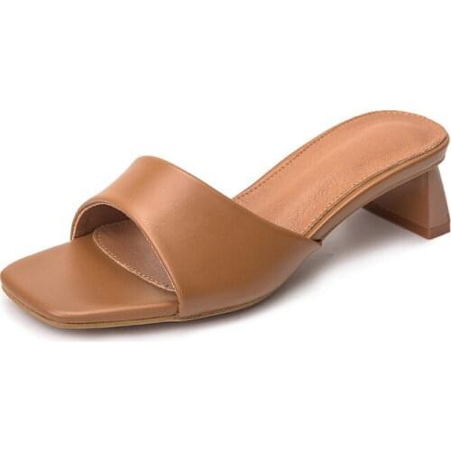 2021 New Summer Women Slides Square Toe Ladies Heel Mules Sexy Square Med Heels Sandals Slippers Female Fashion Shoes Big Size